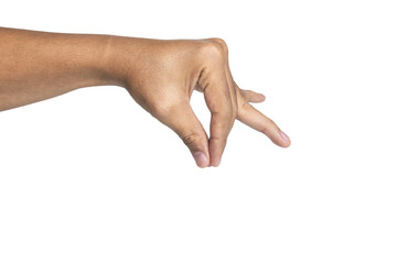 male hand gesture sprinkling salt or spices or hold something isolated on white background