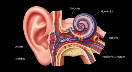 Detailed Cross Section Illustration of the Human Ear on Black Background