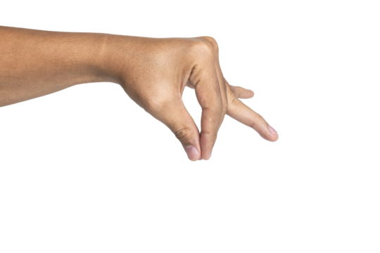 male hand gesture sprinkling salt or spices or hold something isolated on white background