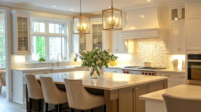 A sophisticated kitchen with custom cabinetry, ambient lighting, and stylish decor