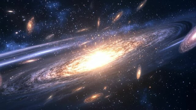 A mesmerizing video concept of a galaxy from a wide-angle view, showcasing swirling stars and cosmic elements in a vibrant, ethereal style. Live desktop wallpaper.