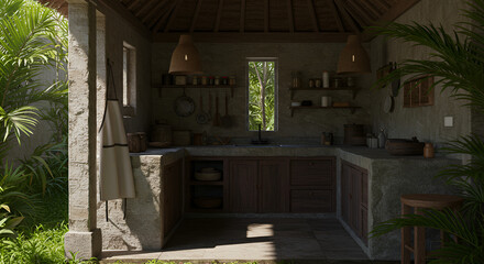 Rustic kitchen in a tropical gazebo