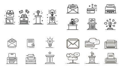 Minimal line icons of email, communication, speech, podium, brainstorming, and presentation concepts in modern style, great for business and digital media use.

