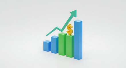 Financial Growth and Investment Success Depicted in 3D Bar Graph with Dollar Sign and Upward Trend Arrow