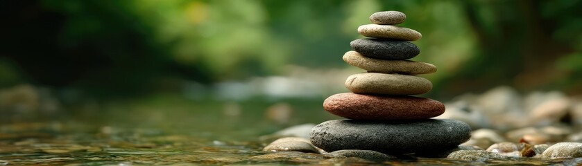 Stress free life through grief, hope and inner peace concept. Serene stacked stones in a tranquil river setting, symbolizing peace.