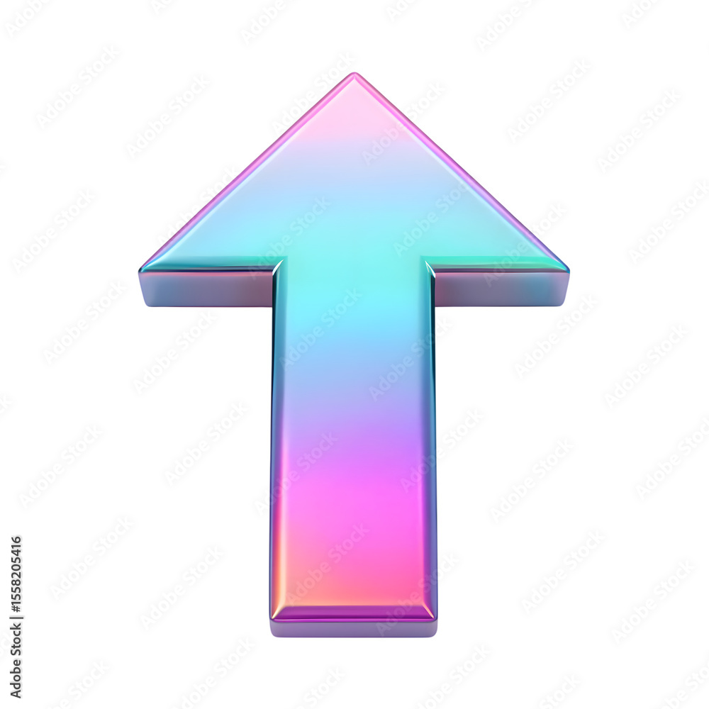Poster iridescent 3d arrow pointing upward isolated on transparent background