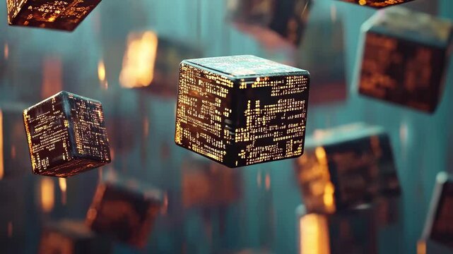 Digital cubes with program code floating in a futuristic environment showcase advanced technology concepts, Digital cubes with program code levitate in mid air Big data concept 3D render