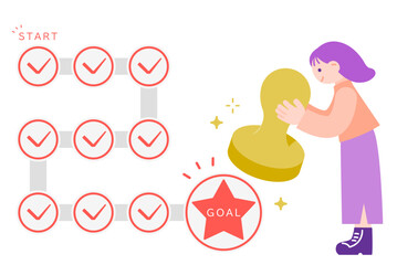 ゴールのスタンプを押して笑顔の女性　スタンプラリー・目標達成のイメージ