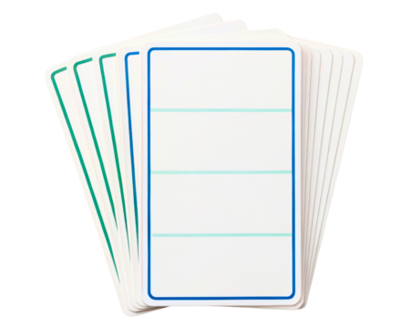 Fanned deck of blank flashcards with colored borders on a transparent background