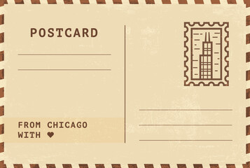 From Chicago postal card template. Vector grungy vintage style postcard illustration with stamp, tower, landmark, message. Simple flat greetings image layout