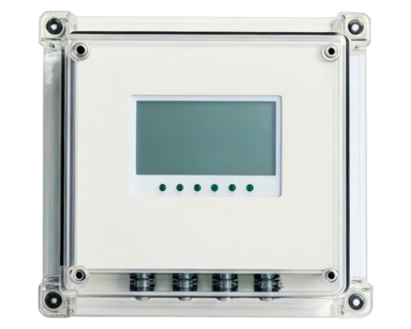 Industrial electronic controller in a clear weatherproof box on a transparent background
