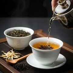 A brewing tea in a traditional Chinese gaiwan, the process of steeping and pouring, tea, gaiwan, Chinese tea, brewing, steep, pour, hot water, herbal, green tea, black tea, oolong tea, white tea, cham