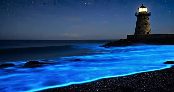 Serene coastal scene featuring a lighthouse illuminated at night with glowing waves crashing