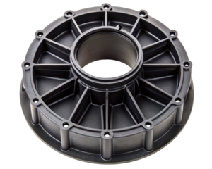 Industrial plastic mounting flange with ribbed support structure on a transparent background