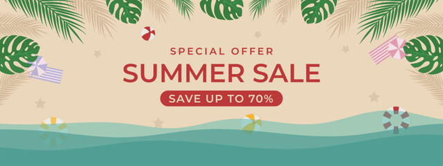 Summer Sale Banner Template with Tropical Floral Leaves and Colorful Beach Elements – Vector Design for Seasonal Promotion