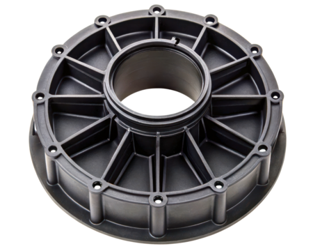 Industrial plastic mounting flange with ribbed support structure on a transparent background