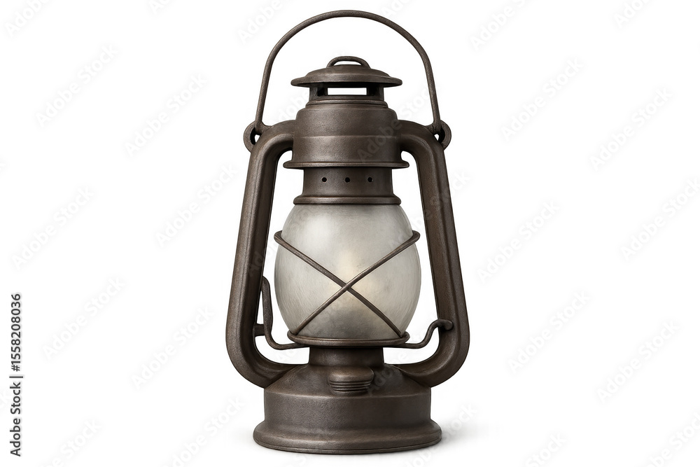 Poster old, weathered kerosene lantern emitting warm light on a transparent background, creating a rustic a
