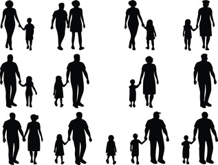 Collection of diverse family silhouettes holding hands and walking together representing unity and togetherness in various family structures on a white background