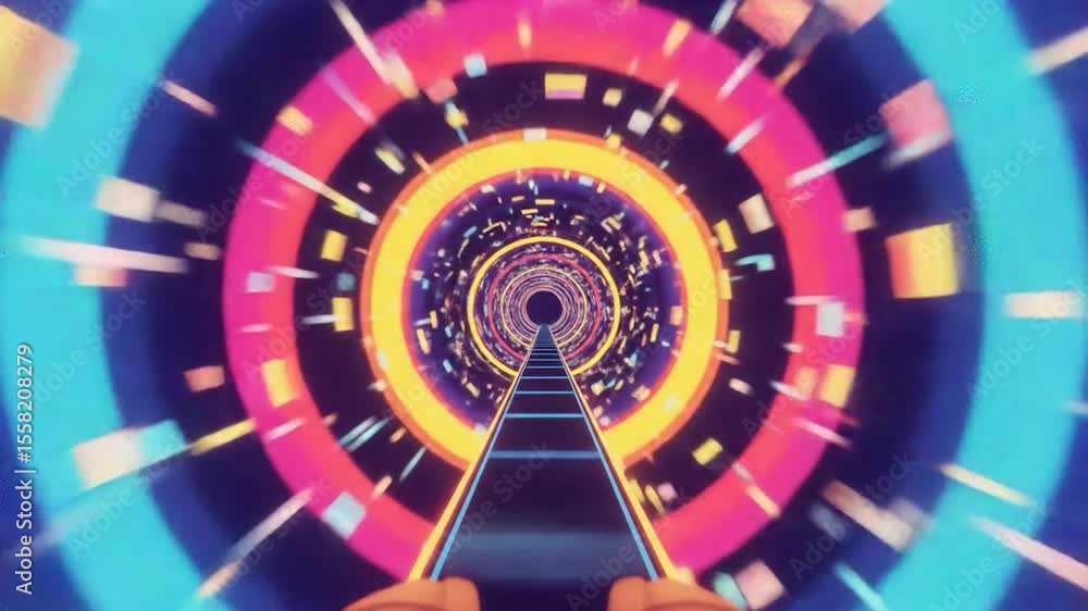 Poster vibrant, concentric circles form a tunnel, a path descends towards a dark center, surrounded by mult