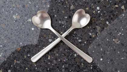 Heart-shaped spoons crossing on dark granite background