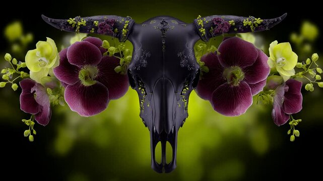 Dark skull adorned with vibrant orchids