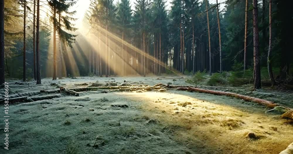 Poster serene forest scene at dawn with sun rays filtering through trees and misty ground