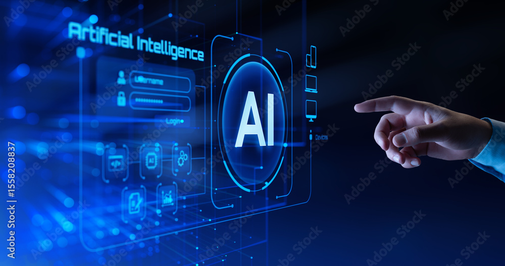 Poster artificial intelligence technology concept. human hand touching virtual ai interface
