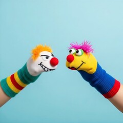 Two playful, colorful sock puppets with wild hair interacting against a soft blue background, creating a whimsical and humorous scene.

