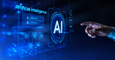 Artificial Intelligence Technology Concept. Human Hand Touching Virtual AI Interface