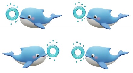 Fototapeta premium Four cute whale illustrations blowing rings