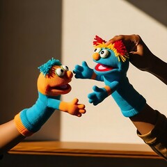 Two playful sock puppets with colorful designs playfully interacting with hands, creating a sense of dialogue and storytelling, against a sunlit, blurred background.
