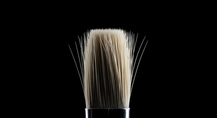 Dramatic macro close-up of a clean paintbrush's bristles against a stark black background
