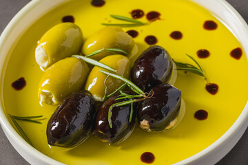 Green and black olives in olive oil with balsamic dots