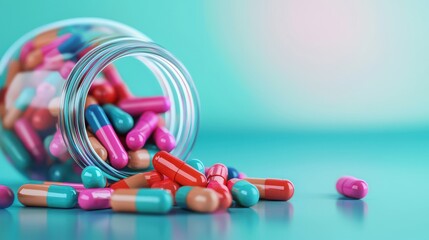 Supplement capsules in vivid hues spilling from open jar, blurred background adds energy and motion, wellness innovation theme