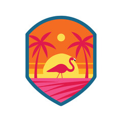 flamingo sunset badge with palm trees and tropical.