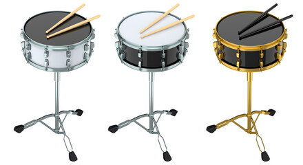 Set of drums and wooden drum sticks on white background. 3d render concept of musical instrument, drum machine.