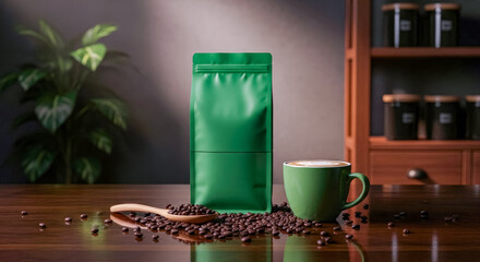 A sleek green coffee bag mockup stands among scattered coffee beans and a green mug with frothy coffee, on a wooden table in a warm, inviting setting