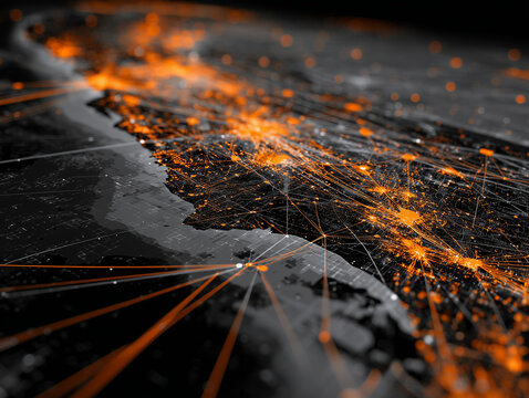 Aerial view of California with glowing network connections and dark overlay, showcasing urban areas and infrastructure. vibrant orange lights represent data flow and connectivity