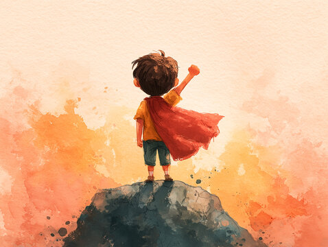 young boy stands triumphantly rock, wearing red cape and raising his fist gesture of courage and determination. background features vibrant watercolor effect with warm colors, symbolizing hope and - Powered by Adobe
