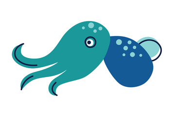 Flat cartoon vector illustration of cute bobtail squid in kids style. Colorful marine character with round body and big eyes for ocean childrens designs, sea life education, underwater decor