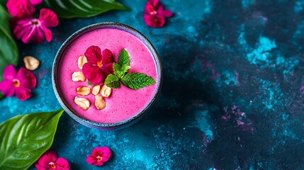 Naklejka premium Vibrant Pink Smoothie with Edible Flowers and Mint Leaves on Artistic Background