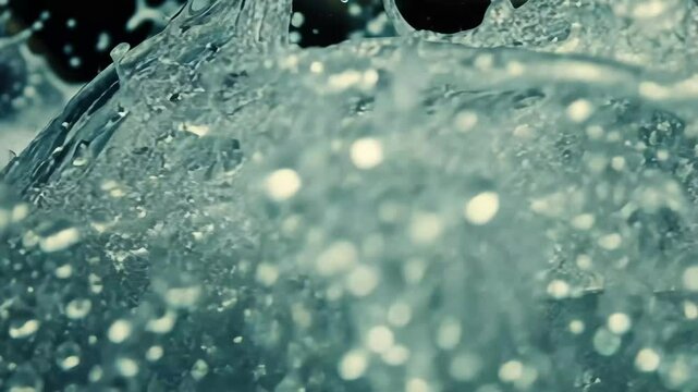 Mountain river water flows gracefully with bubbles and splashes captured in slow motion closeup, Mountain river water with slow motion closeup