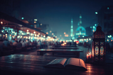 Enchanting night market scene islamic city cultural event lively atmosphere focused perspective illuminated by lanterns and candles
