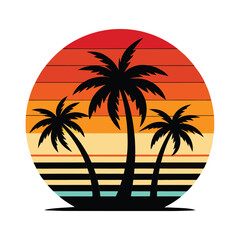 Obraz premium retro sunset beach palm trees silhouettes vector