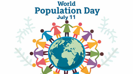 World population day illustration with people holding hands around the earth globe graphic design