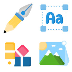 Flat Style Graphic Design Icon Set. Includes Pencil, Typography, Color Palette, and Thumbnail. Perfect for UI/UX, Educational Apps, and Creative Presentations