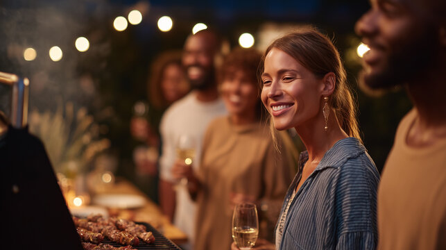 Friends gather for a joyous barbecue party under warm patio lights. This image captures the essence of summer fun, grilling, and happy social gatherings.