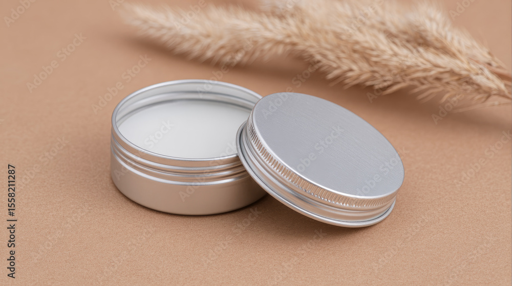 Aufkleber creative product display of open silver tin container with lid minimalistic background modern lifest