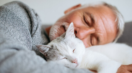 Senior man relaxing on a sofa, napping with a white cat, cozy and peaceful moment, showing a loving bond between humans and animals. Perfect for themes of pet adoption, relaxation, and companionship.