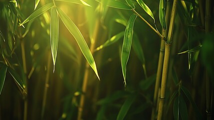 Sunlight Filtering Through Lush Green Bamboo Leaves in a Tranquil Forest Setting